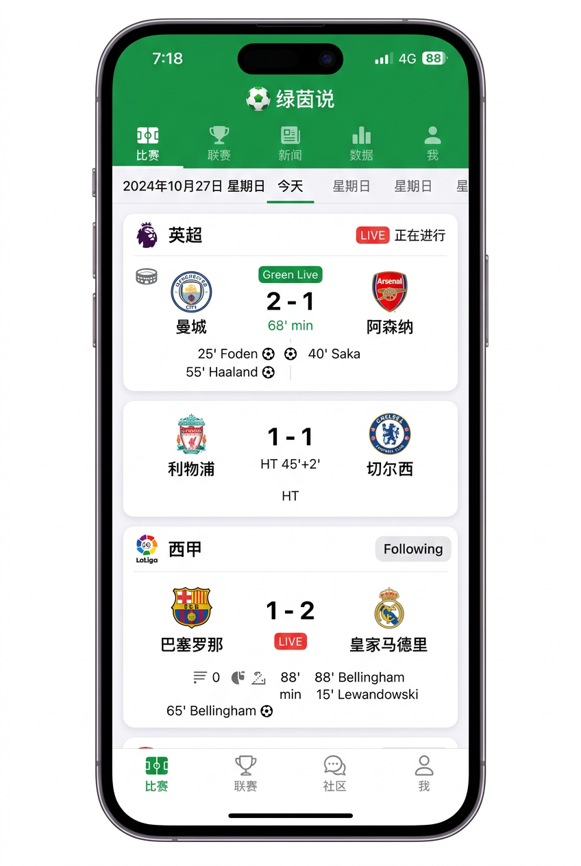 绿茵说APP - 即时比分界面
